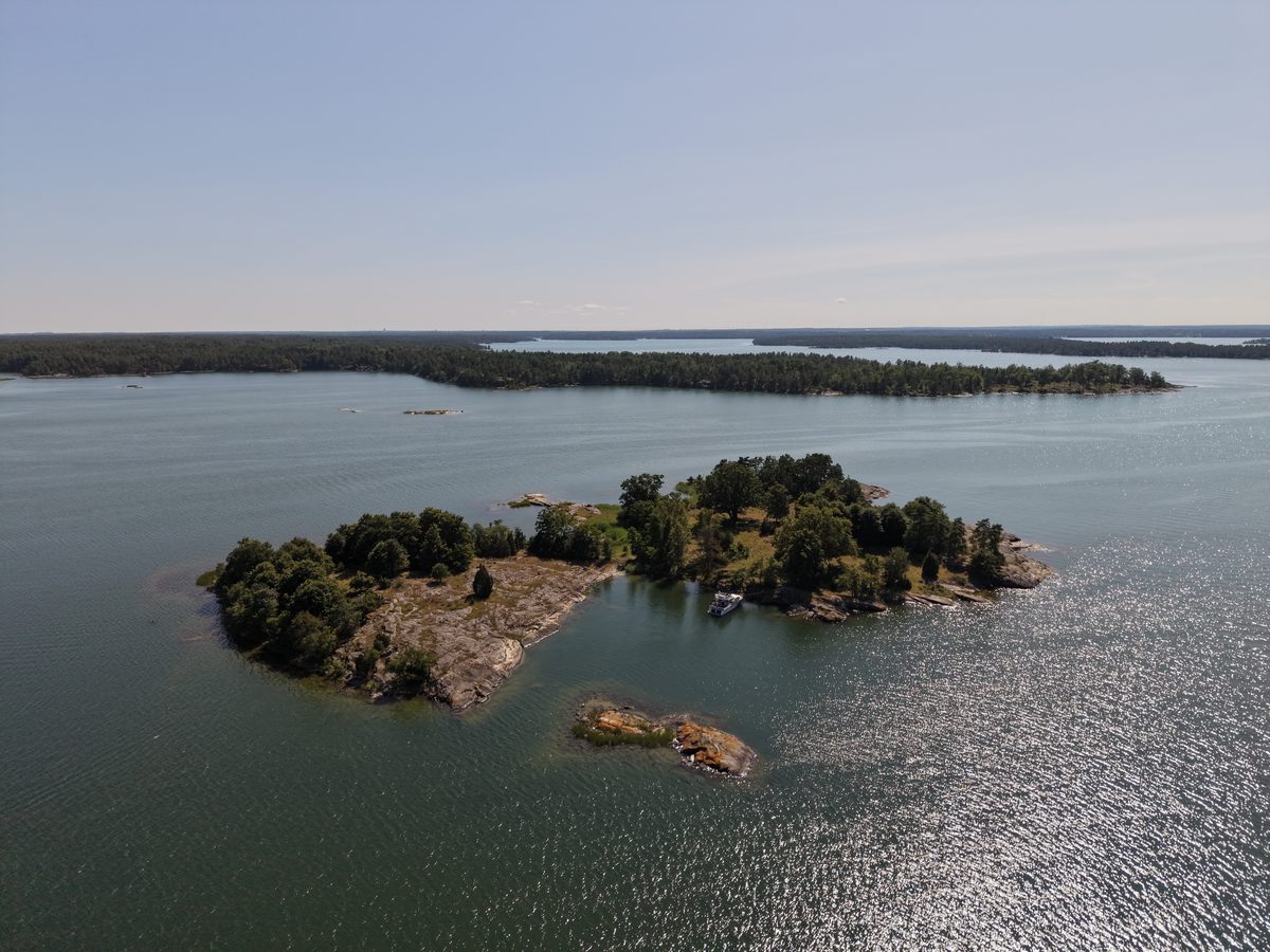 Liten holme med träd och klippor i skärgården