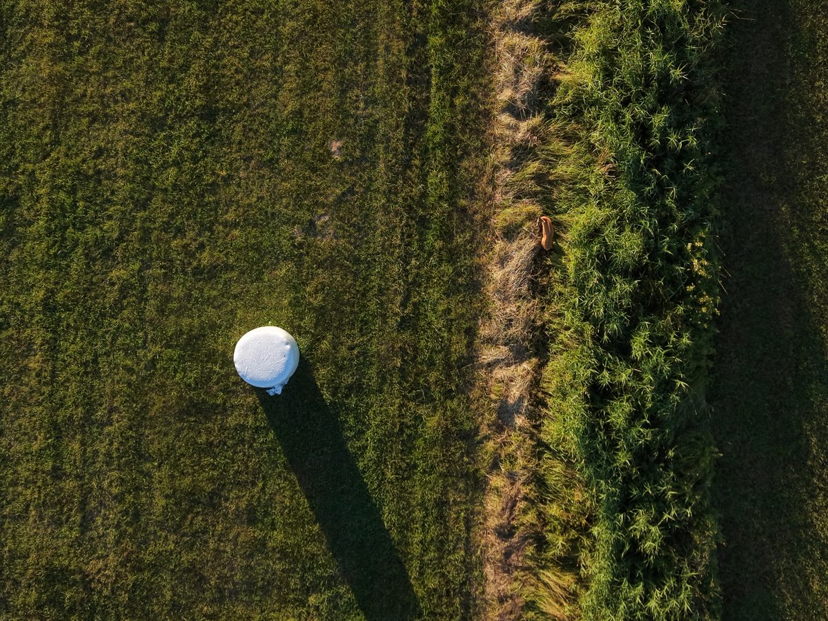 Ensilagebal med lång kvällsskugga på en grön åker, rakt ovanifrån