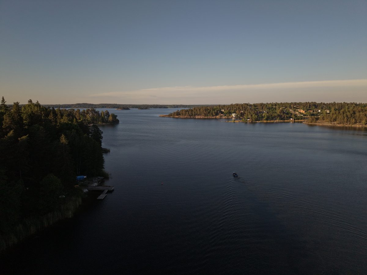 Spegelblankt vatten och skogsklädda stränder i skymningen